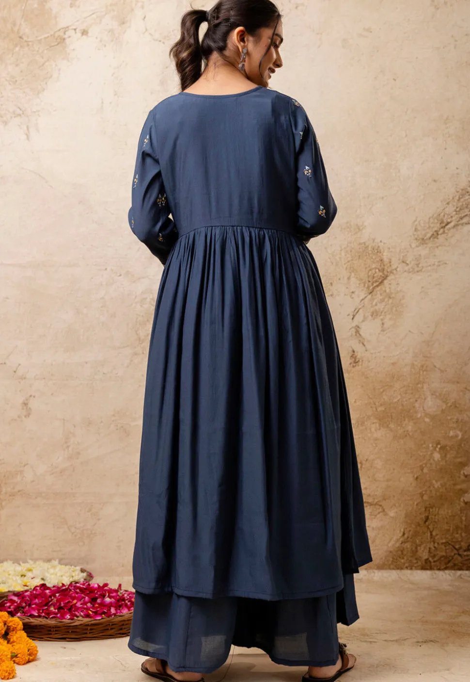 Embroidered Art Silk A Line Suit in Dusty Blue