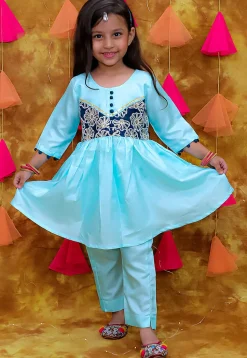 Embroidered Art Silk A Line Kurta Set in Blue