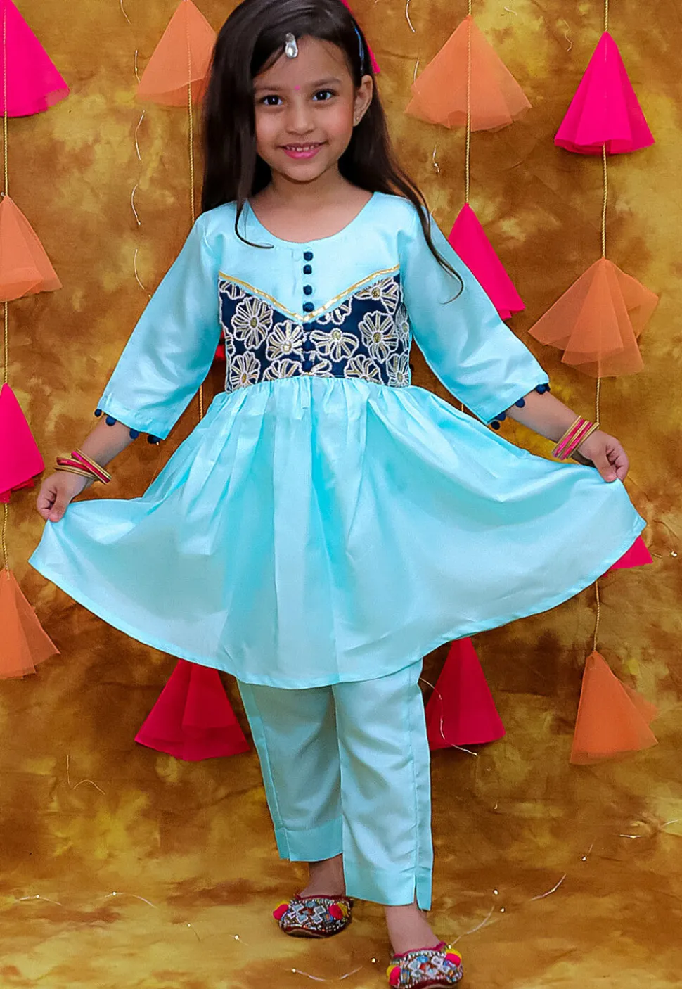 Embroidered Art Silk A Line Kurta Set in Blue