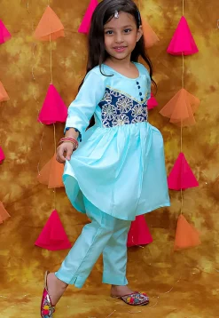 Embroidered Art Silk A Line Kurta Set in Blue