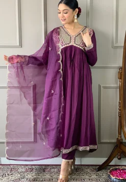 Embroidered Art Silk A Line Suit in Wine
