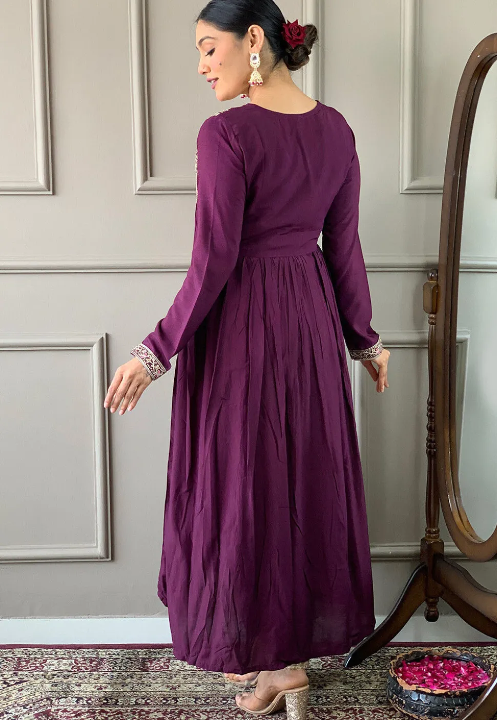 Embroidered Art Silk A Line Suit in Wine