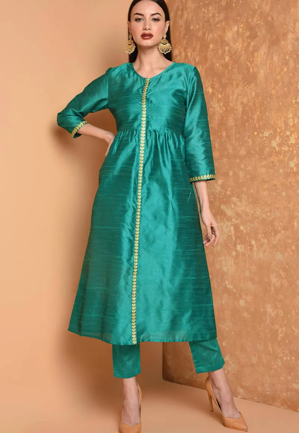 Embroidered Art Silk A Line Kurta Set in Teal Blue