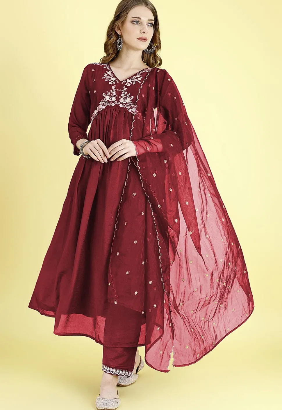 Embroidered Art Silk A Line Suit in Maroon