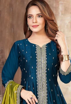 Embroidered Art Silk A Line Suit in Teal Blue