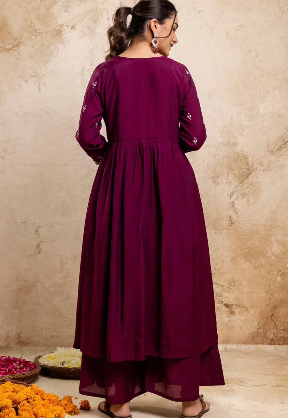 Embroidered Art Silk A Line Suit in Violet