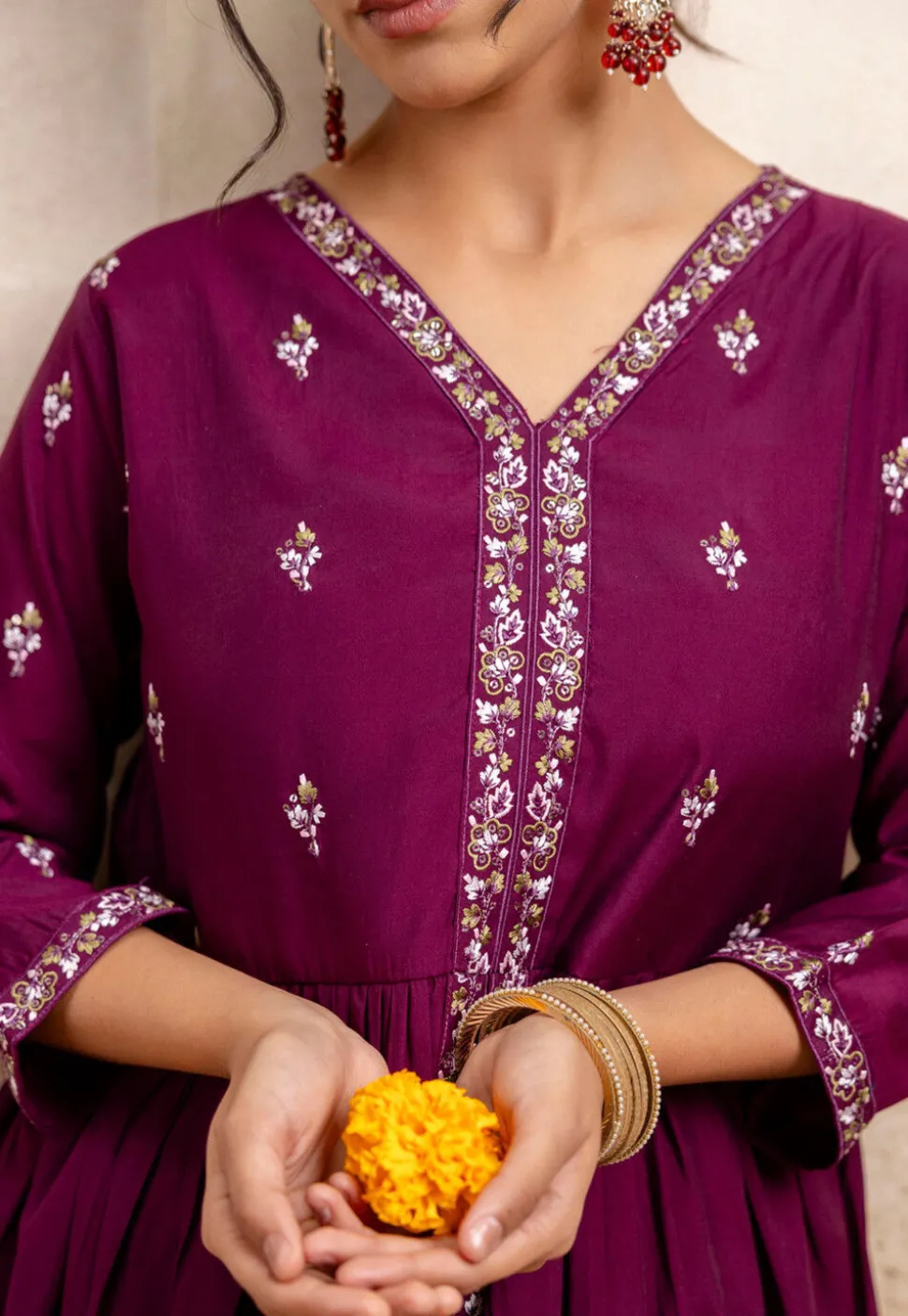 Embroidered Art Silk A Line Suit in Violet