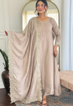 Embroidered Art Silk A Line Suit in Fawn