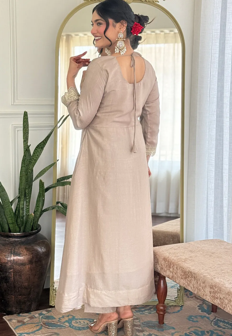 Embroidered Art Silk A Line Suit in Fawn