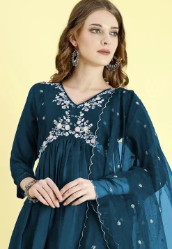 Embroidered Art Silk A Line Suit in Teal Blue