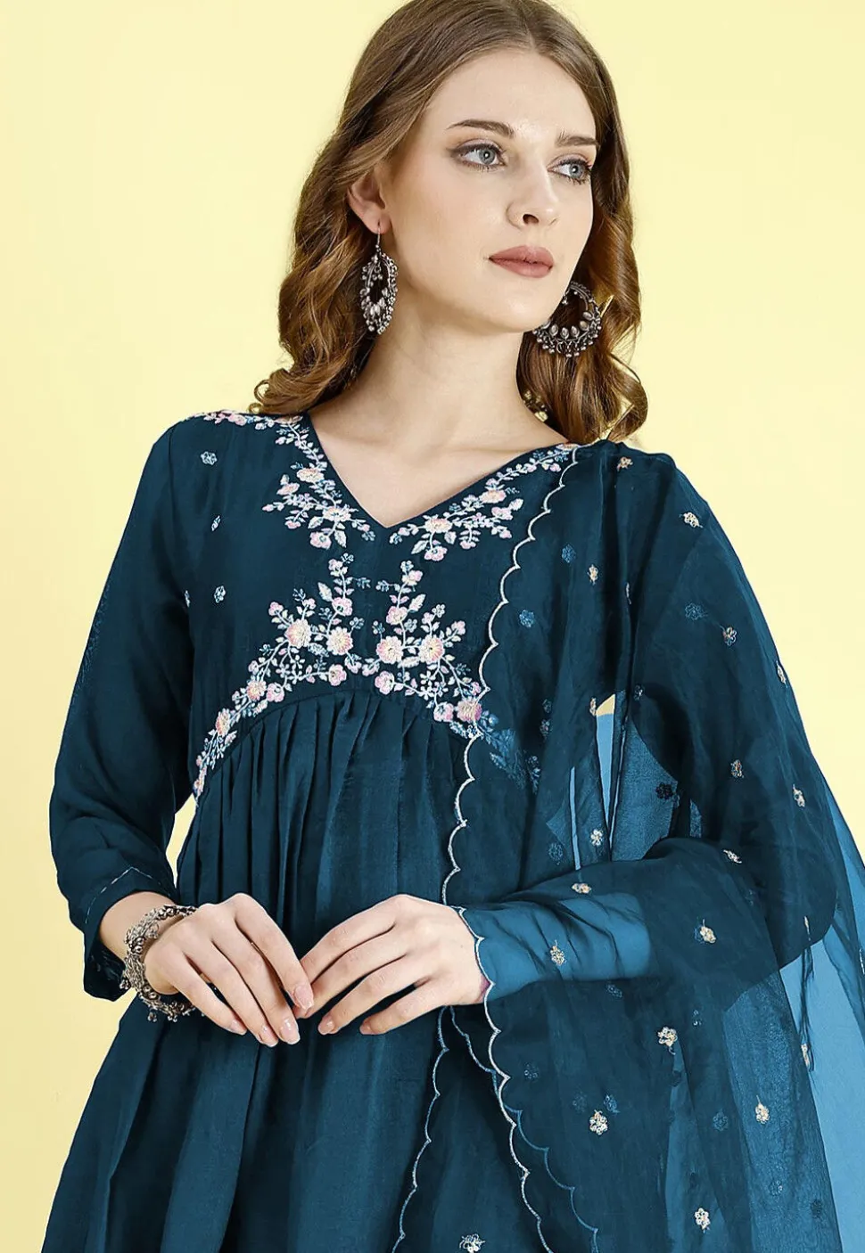 Embroidered Art Silk A Line Suit in Teal Blue
