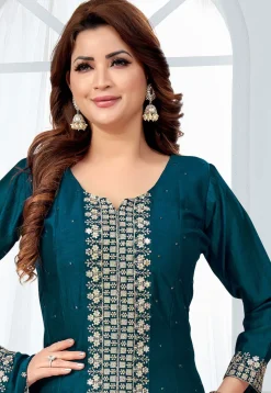 Embroidered Art Silk A Line Suit in Teal Blue