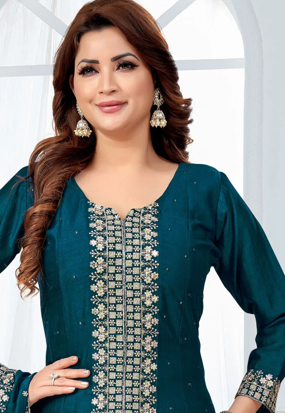 Embroidered Art Silk A Line Suit in Teal Blue