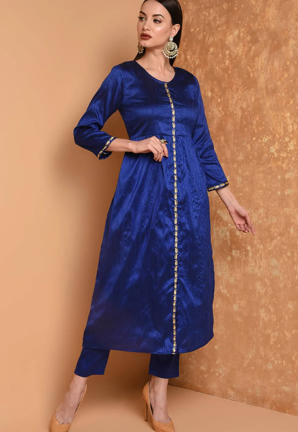 Embroidered Art Silk A Line Kurta Set in Royal Blue