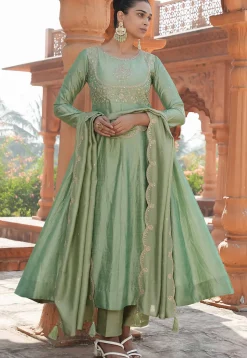 Embroidered Art Silk A Line Suit in Light Green