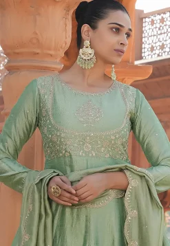 Embroidered Art Silk A Line Suit in Light Green
