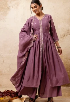 Embroidered Art Silk A Line Suit in Dusty Purple