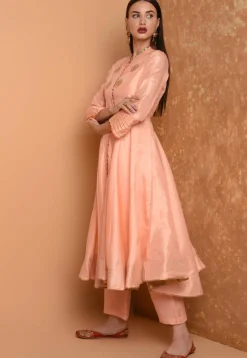 Embroidered Art Silk A Line Kurta Set in Peach