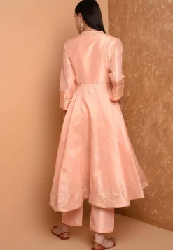 Embroidered Art Silk A Line Kurta Set in Peach