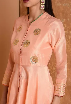 Embroidered Art Silk A Line Kurta Set in Peach