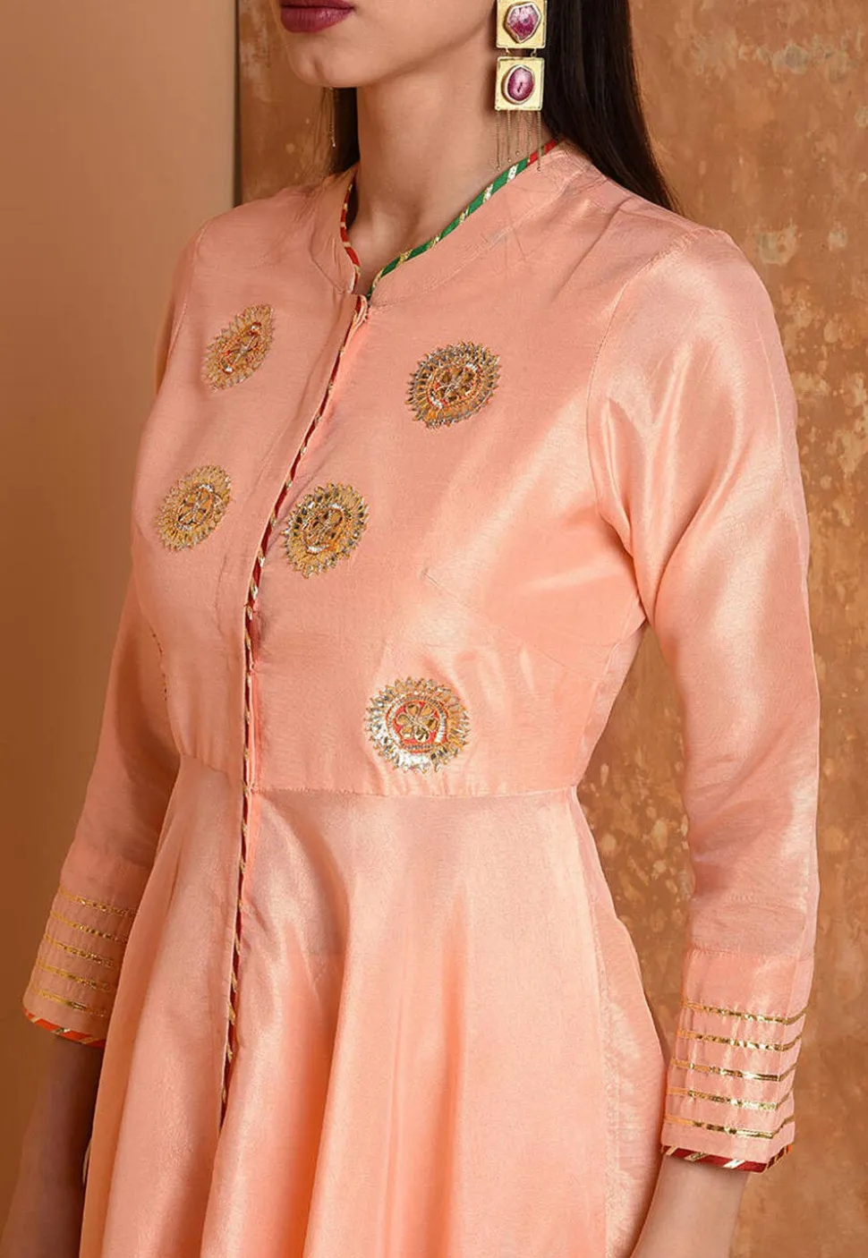 Embroidered Art Silk A Line Kurta Set in Peach