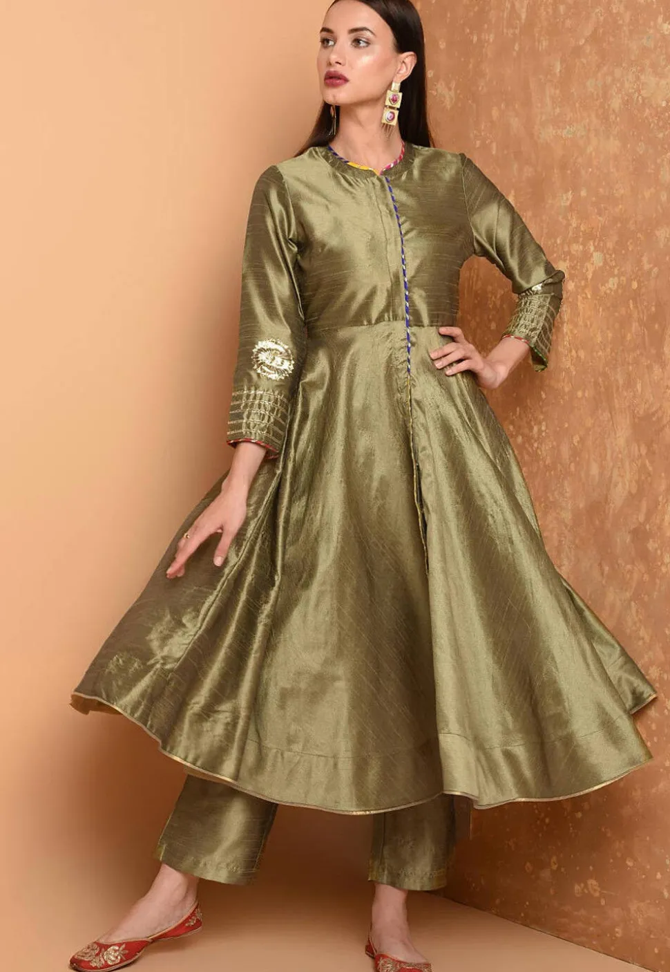 Embroidered Art Silk A Line Kurta Set in Dusty Green