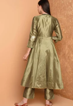 Embroidered Art Silk A Line Kurta Set in Dusty Green