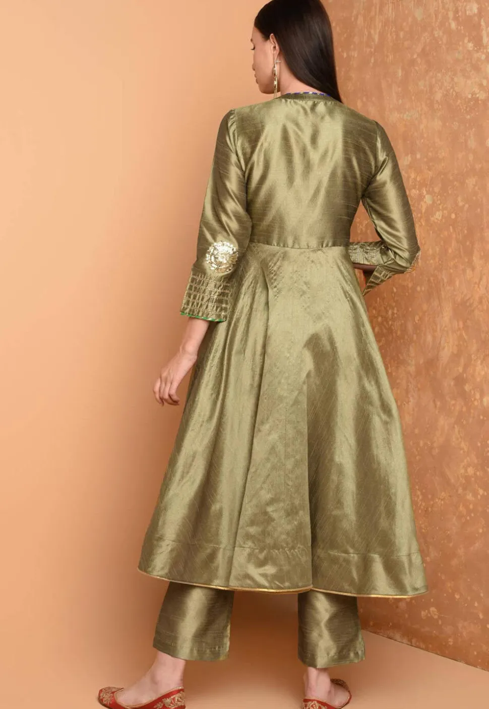 Embroidered Art Silk A Line Kurta Set in Dusty Green