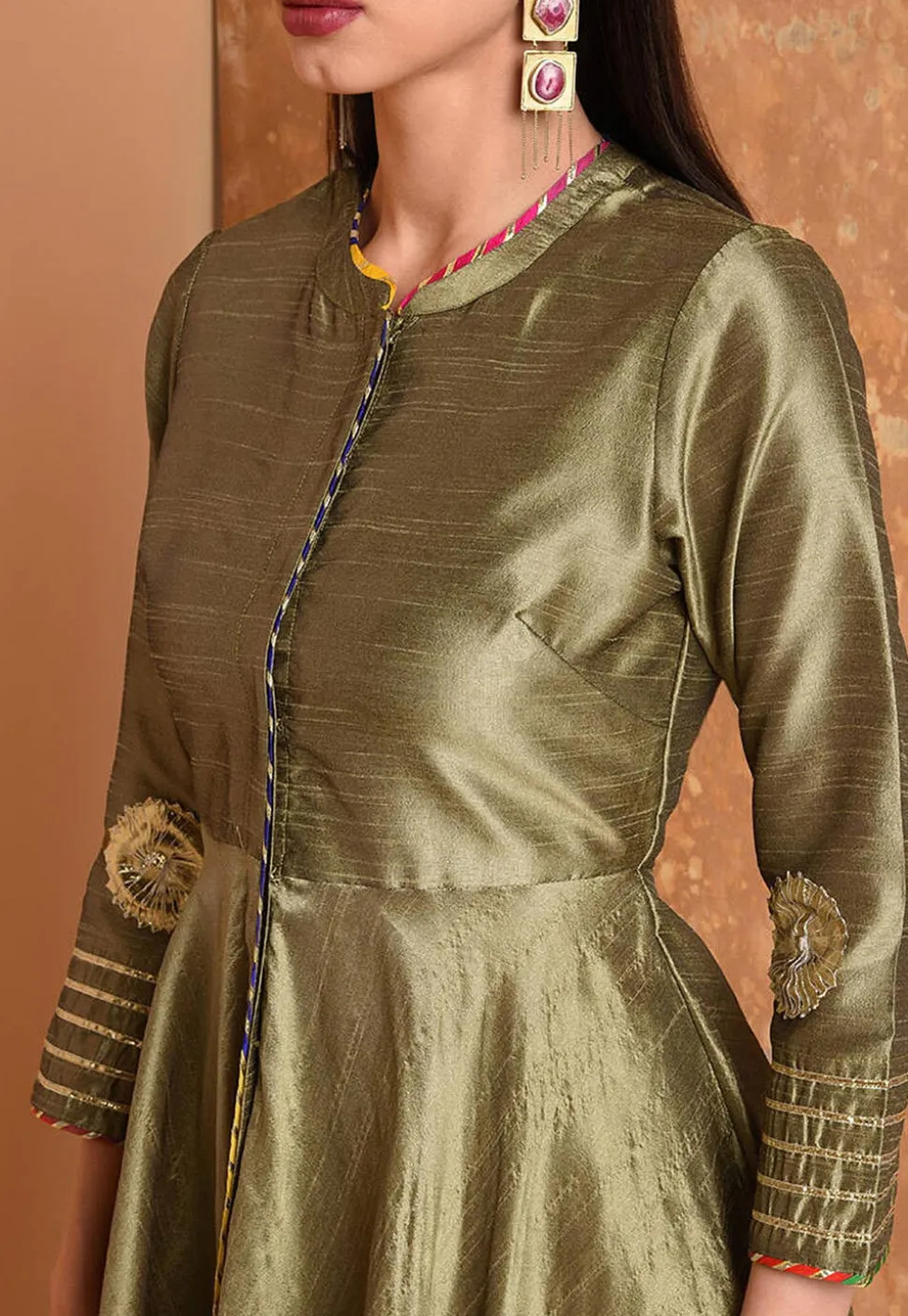 Embroidered Art Silk A Line Kurta Set in Dusty Green