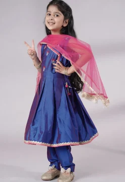 Embroidered Art Silk A Line Suit in Blue