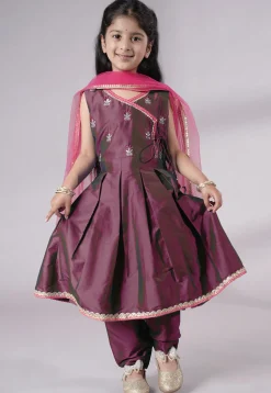 Embroidered Art Silk A Line Suit in Wine