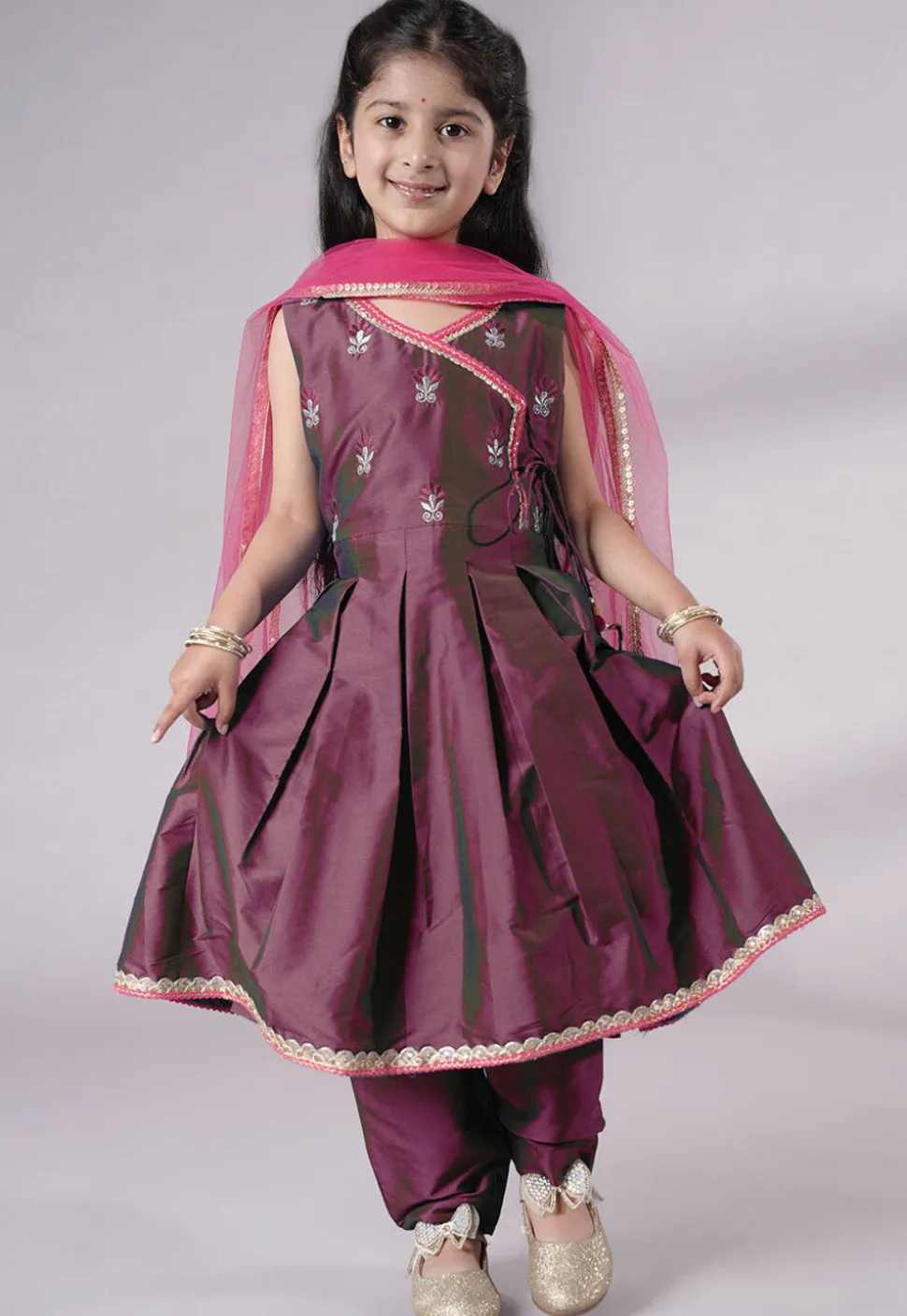 Embroidered Art Silk A Line Suit in Wine