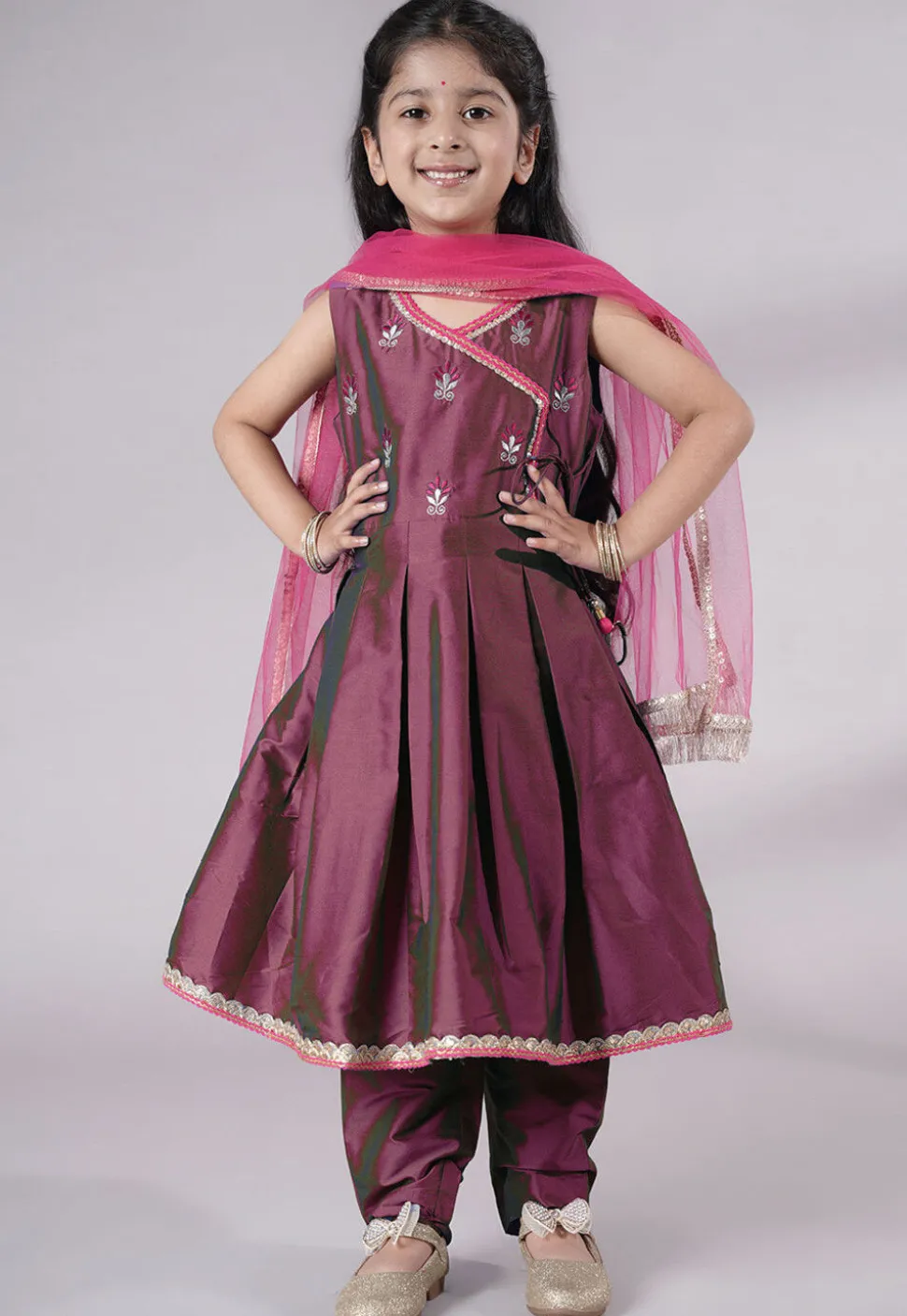 Embroidered Art Silk A Line Suit in Wine