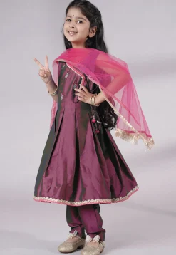 Embroidered Art Silk A Line Suit in Wine