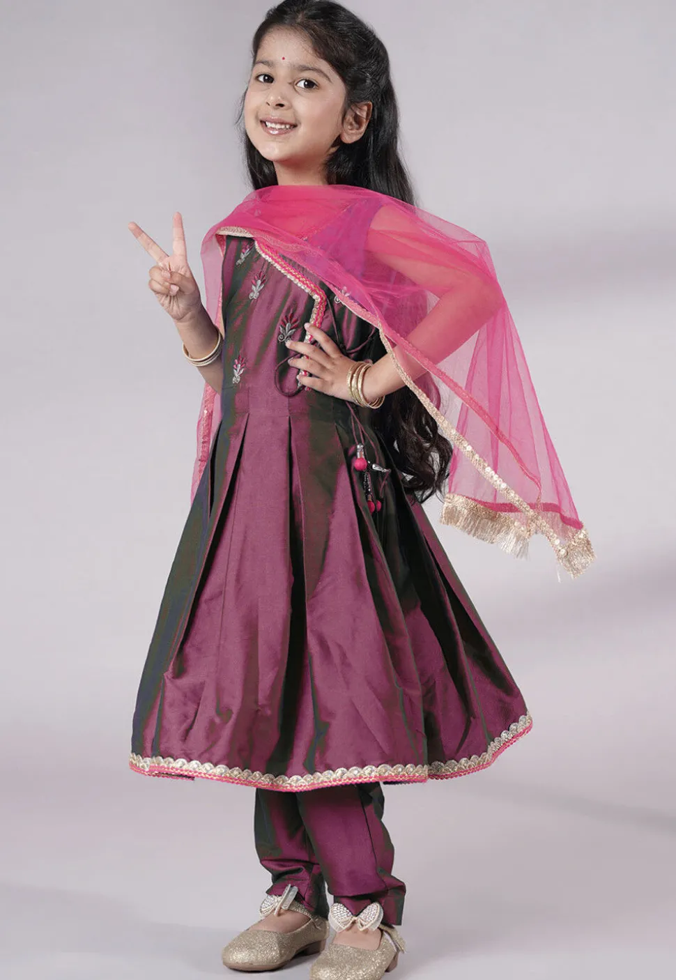 Embroidered Art Silk A Line Suit in Wine