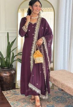 Embroidered Art Silk A Line Suit in Wine