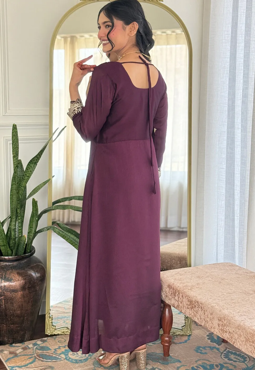 Embroidered Art Silk A Line Suit in Wine