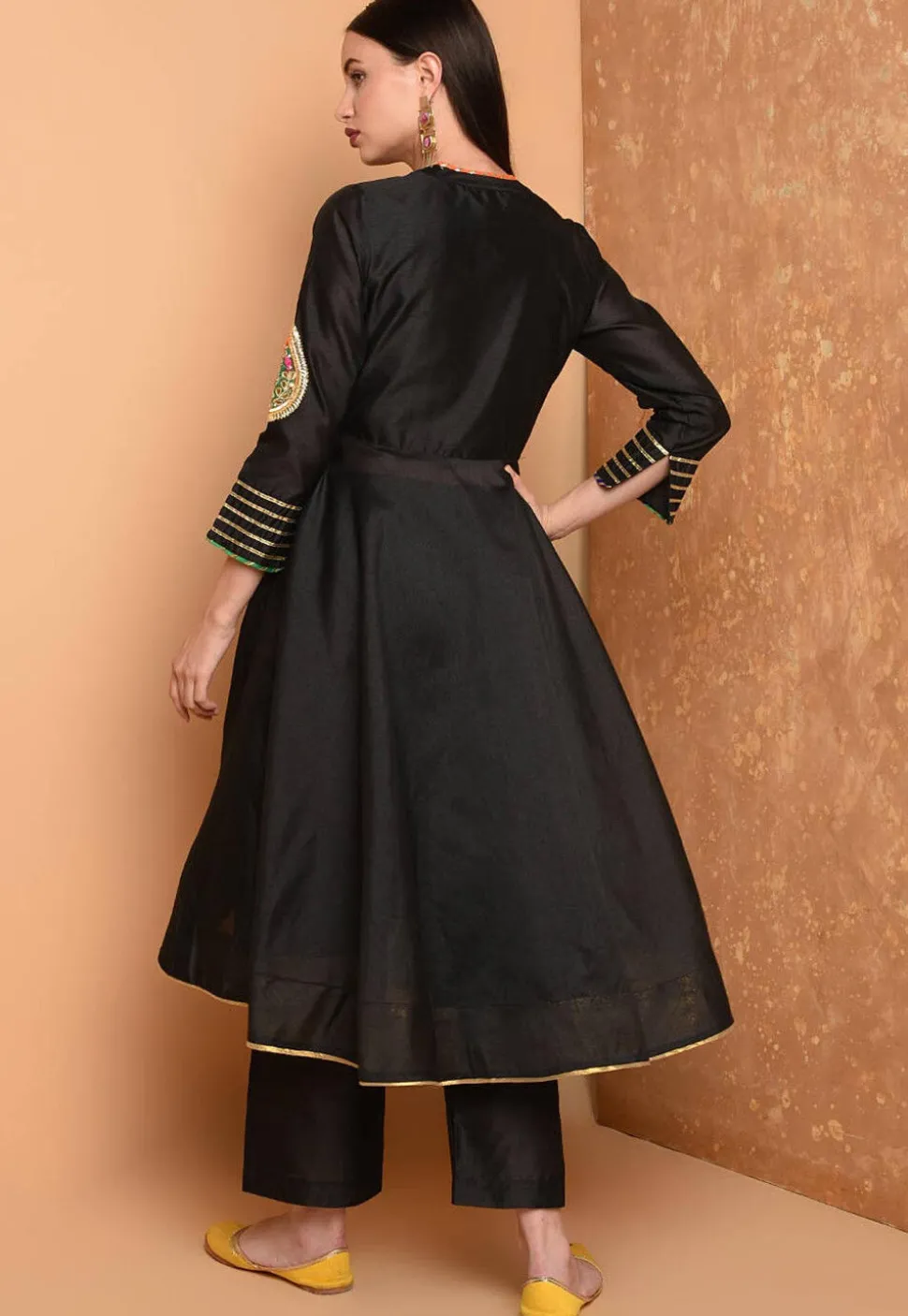 Embroidered Art Silk A Line Kurta Set in Black