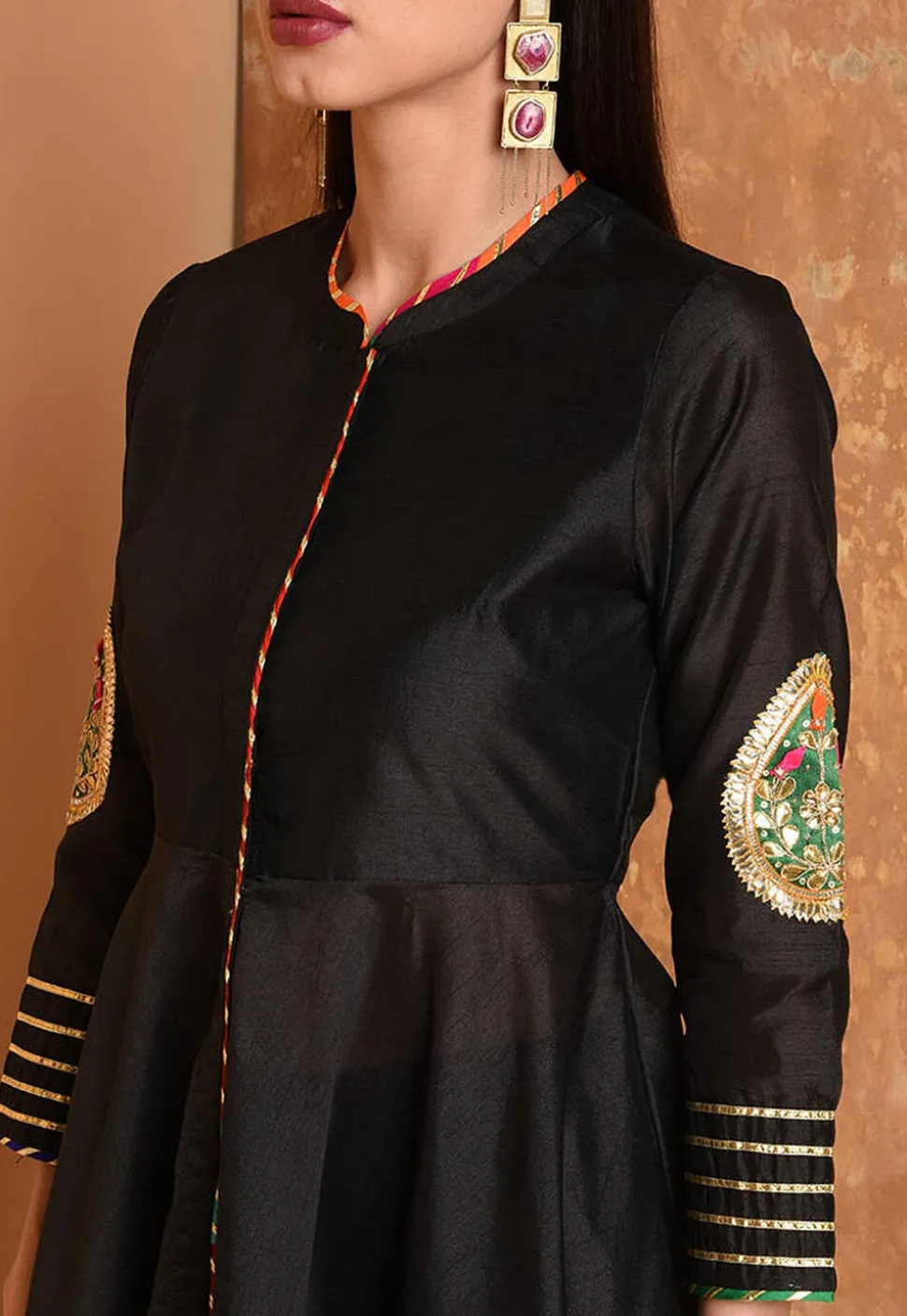 Embroidered Art Silk A Line Kurta Set in Black