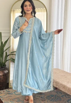 Embroidered Art Silk A Line Suit in Light Blue