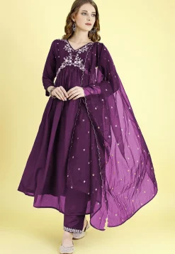 Embroidered Art Silk A Line Suit in Purple