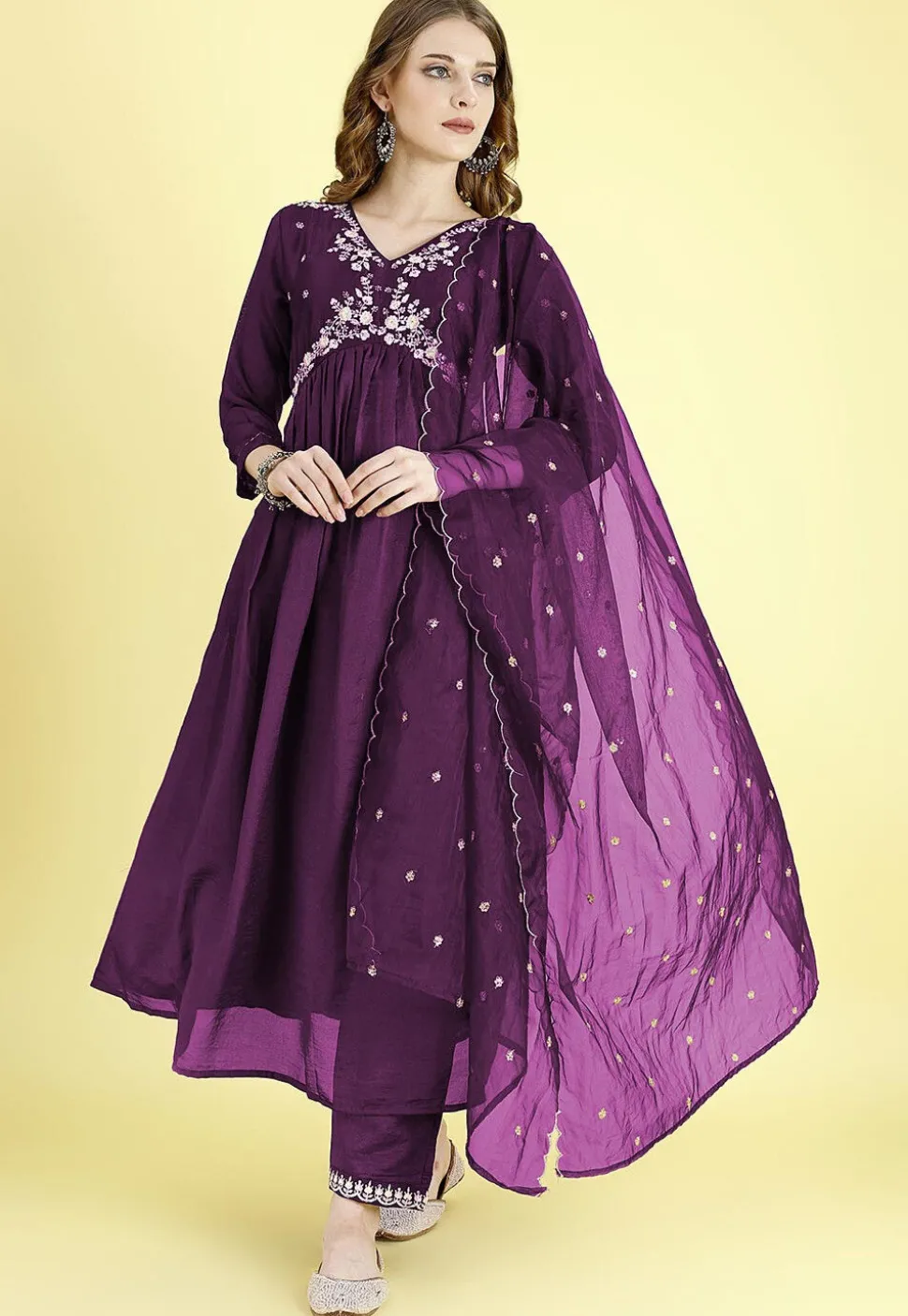 Embroidered Art Silk A Line Suit in Purple