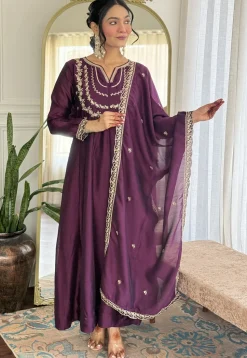 Embroidered Art Silk A Line Suit in Purple