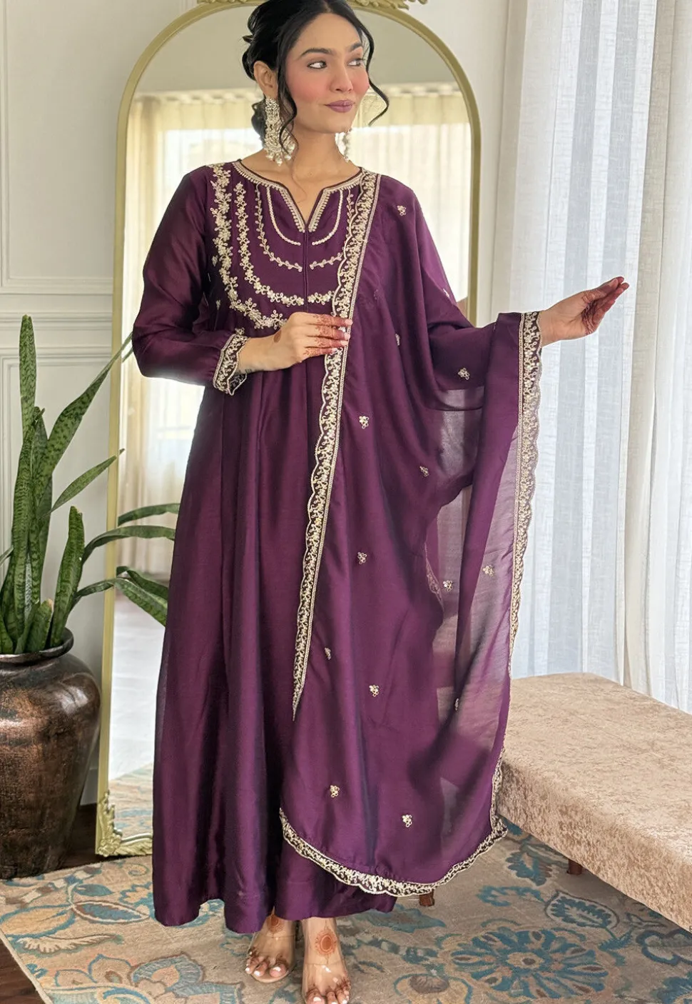 Embroidered Art Silk A Line Suit in Purple
