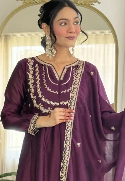 Embroidered Art Silk A Line Suit in Purple