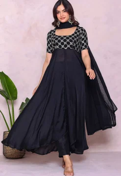 Embroidered Art Silk A Line Suit in Navy Blue