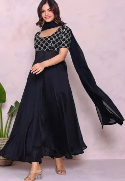 Embroidered Art Silk A Line Suit in Navy Blue