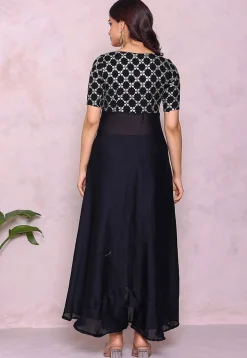 Embroidered Art Silk A Line Suit in Navy Blue