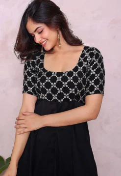 Embroidered Art Silk A Line Suit in Navy Blue