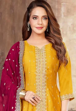 Embroidered Art Silk A Line Suit in Mustard